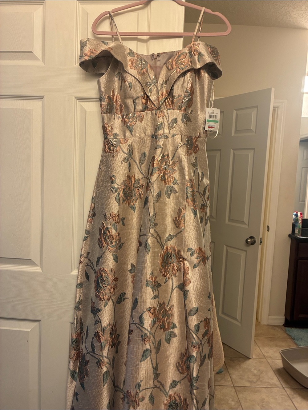 Night Way Collections Cream Floral Off-Shoulder Maxi with Rose and Sage Accents
